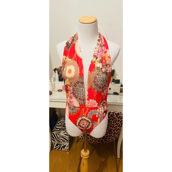 Banjul Leopard mix print halter bodysuit snap crotch size Medium - Picture 1 of 7